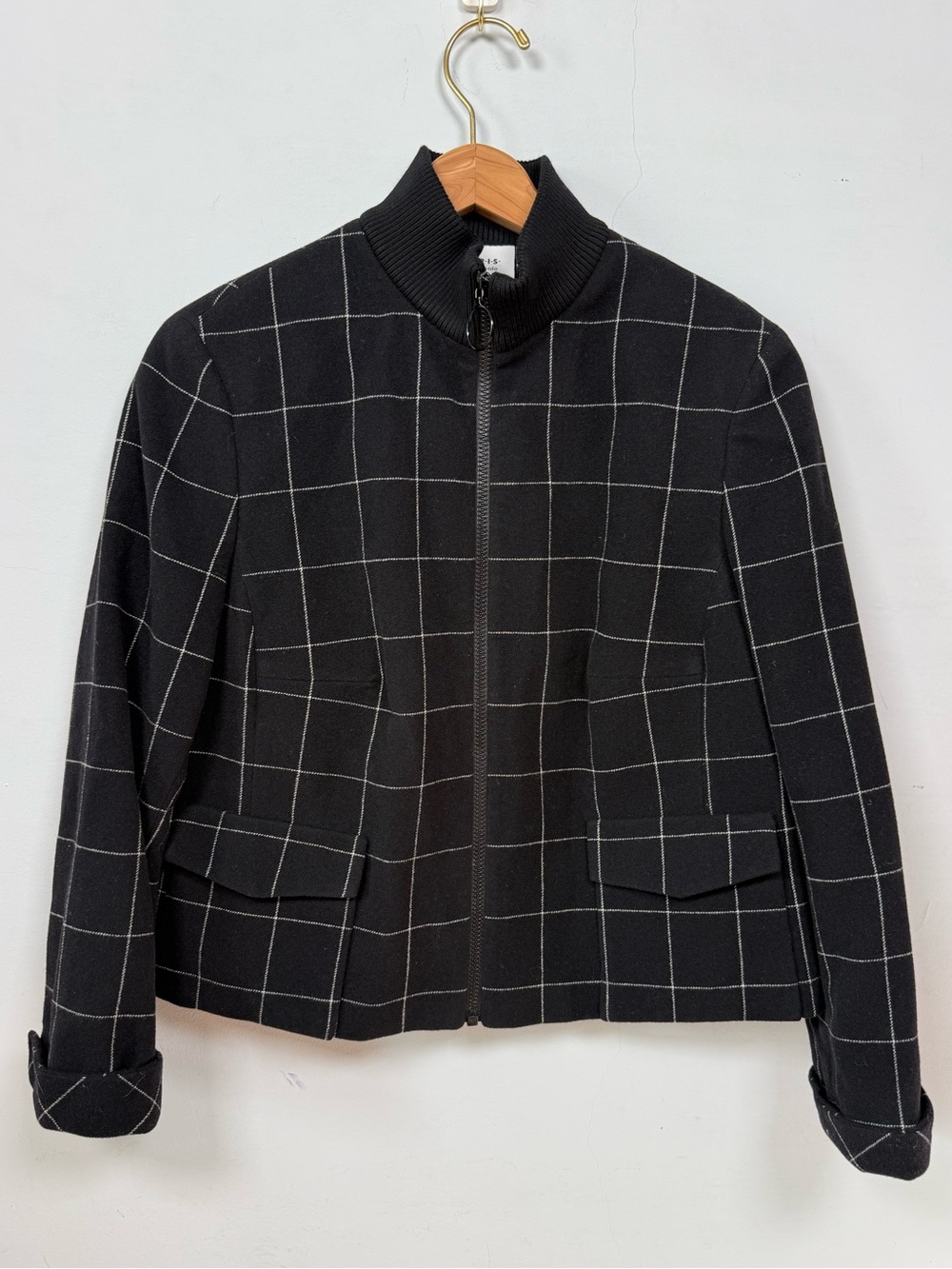 Akris Punto Black White Windowpane Grid Zip Up Bomber Jacket Wool Coat Size 14